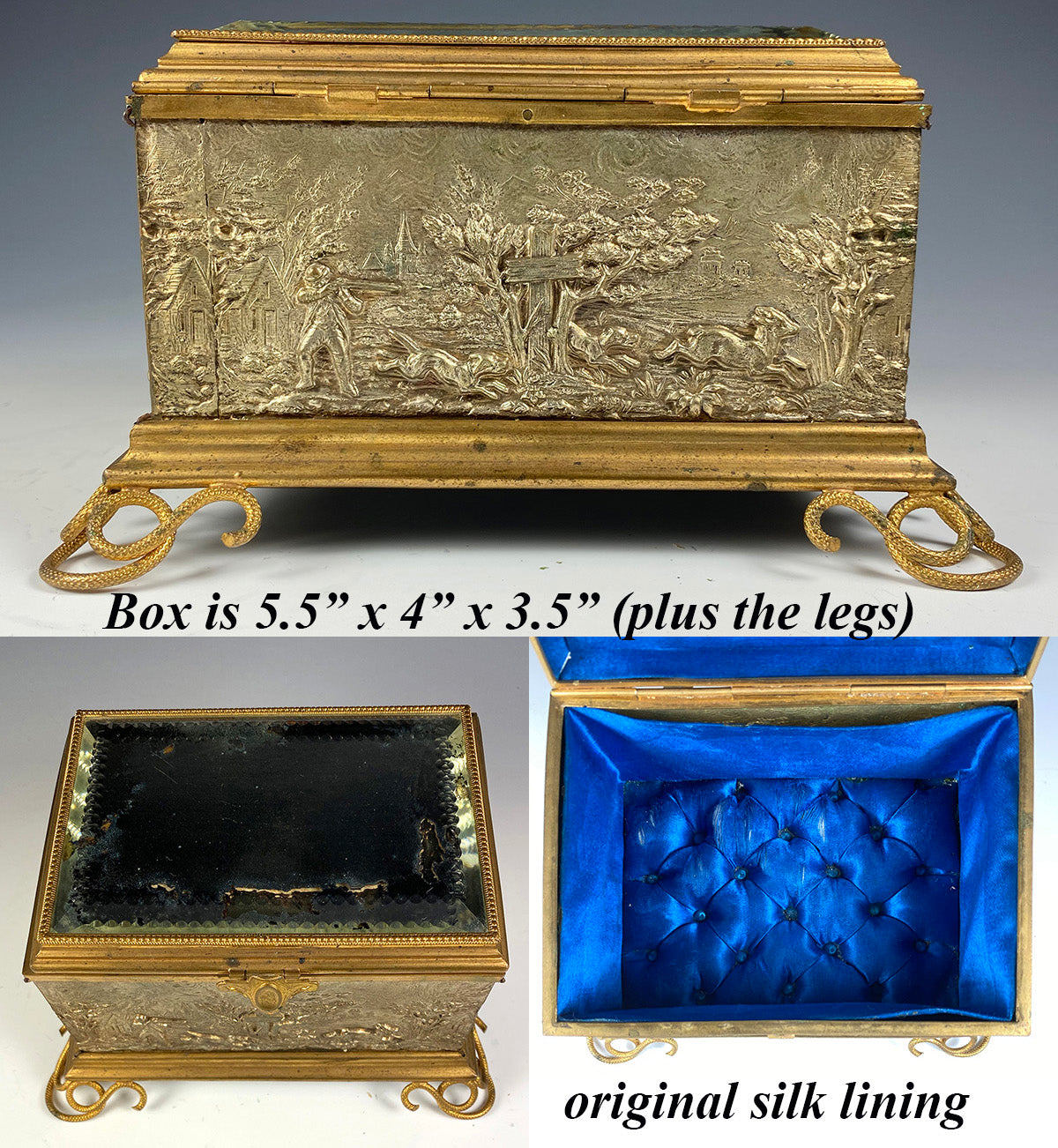 Antique Thick Beveled Top French Jewelry Casket, 19th Century Hunt Scenes, Big