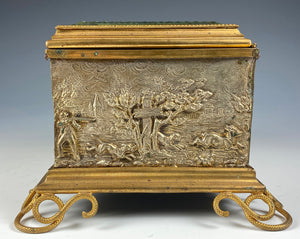 Antique Thick Beveled Top French Jewelry Casket, 19th Century Hunt Scenes, Big