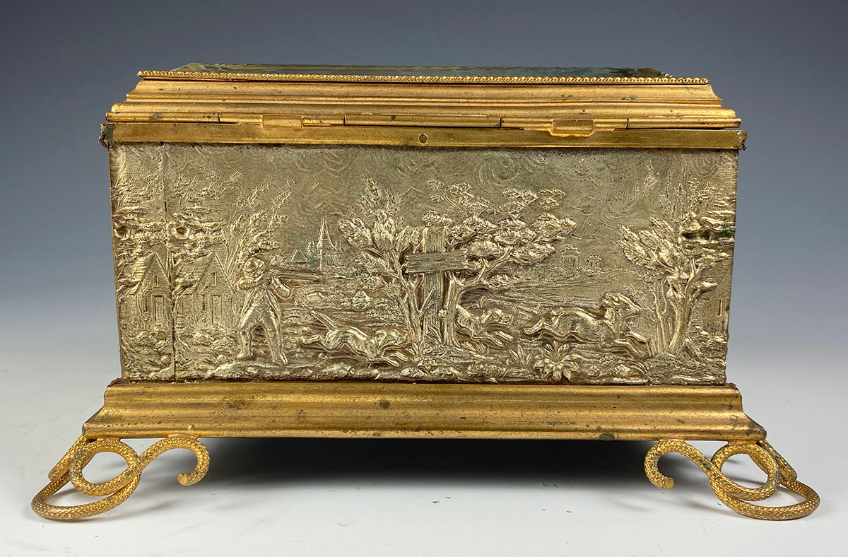 Antique Thick Beveled Top French Jewelry Casket, 19th Century Hunt Scenes, Big