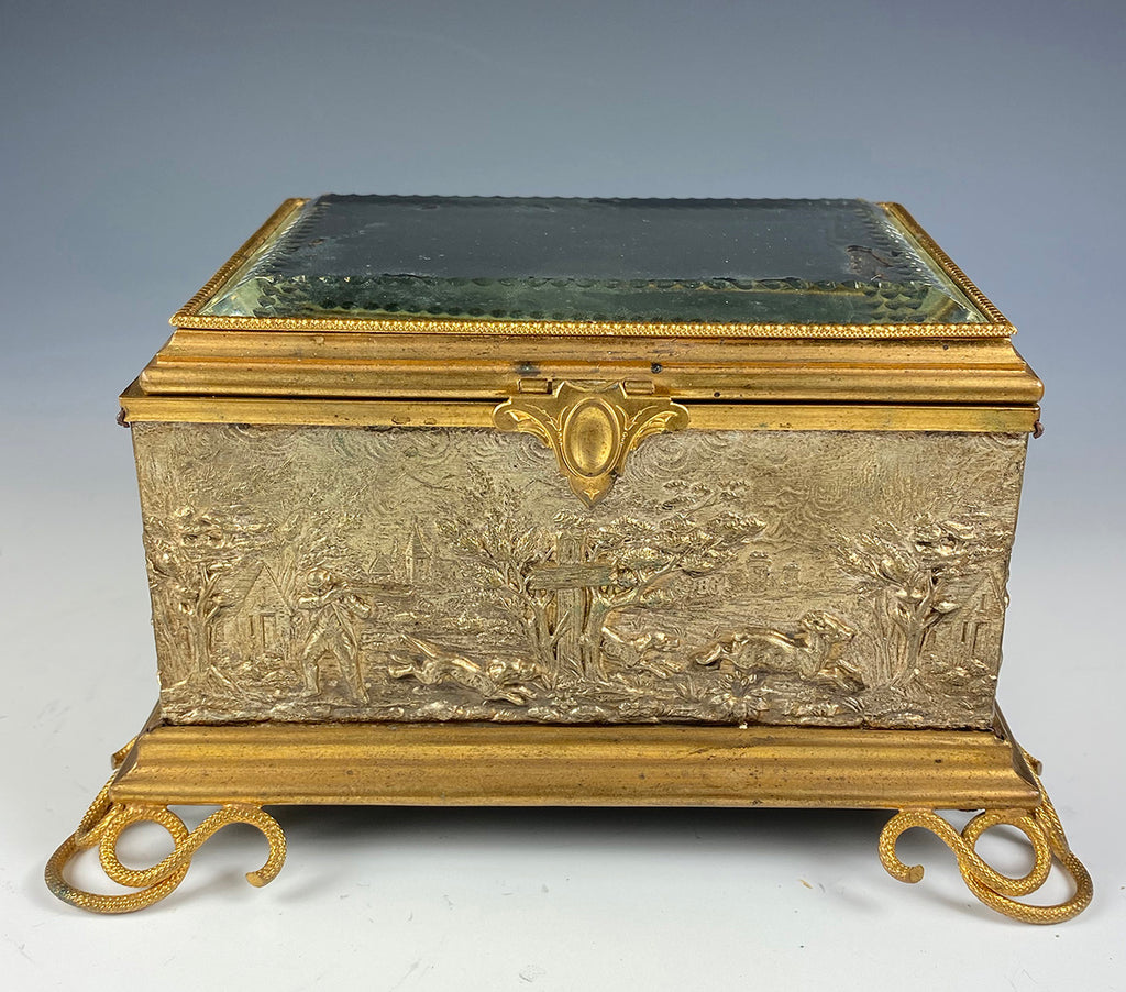 Antique Thick Beveled Top French Jewelry Casket, 19th Century Hunt Scenes, Big