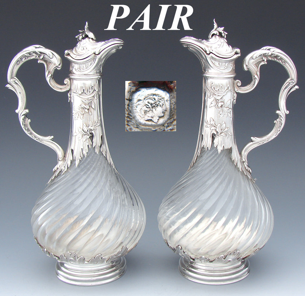 Rare Antique French Sterling Silver Solitaire Size Claret Jug PAIR, Louis XVI or Rococo