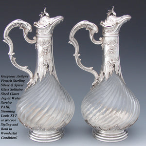 Rare Antique French Sterling Silver Solitaire Size Claret Jug PAIR, Louis XVI or Rococo