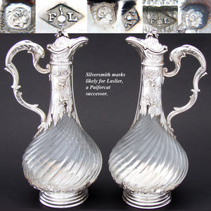 Rare Antique French Sterling Silver Solitaire Size Claret Jug PAIR, Louis XVI or Rococo