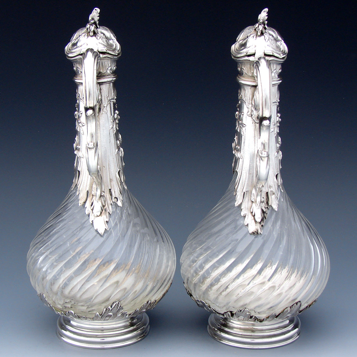 Rare Antique French Sterling Silver Solitaire Size Claret Jug PAIR, Louis XVI or Rococo