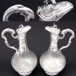 Rare Antique French Sterling Silver Solitaire Size Claret Jug PAIR, Louis XVI or Rococo