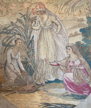Antique French Silk Embroidery in c.1820 Frame, 28" x 24" Silk work: Baby Moses in the Bulrushes, River Nile