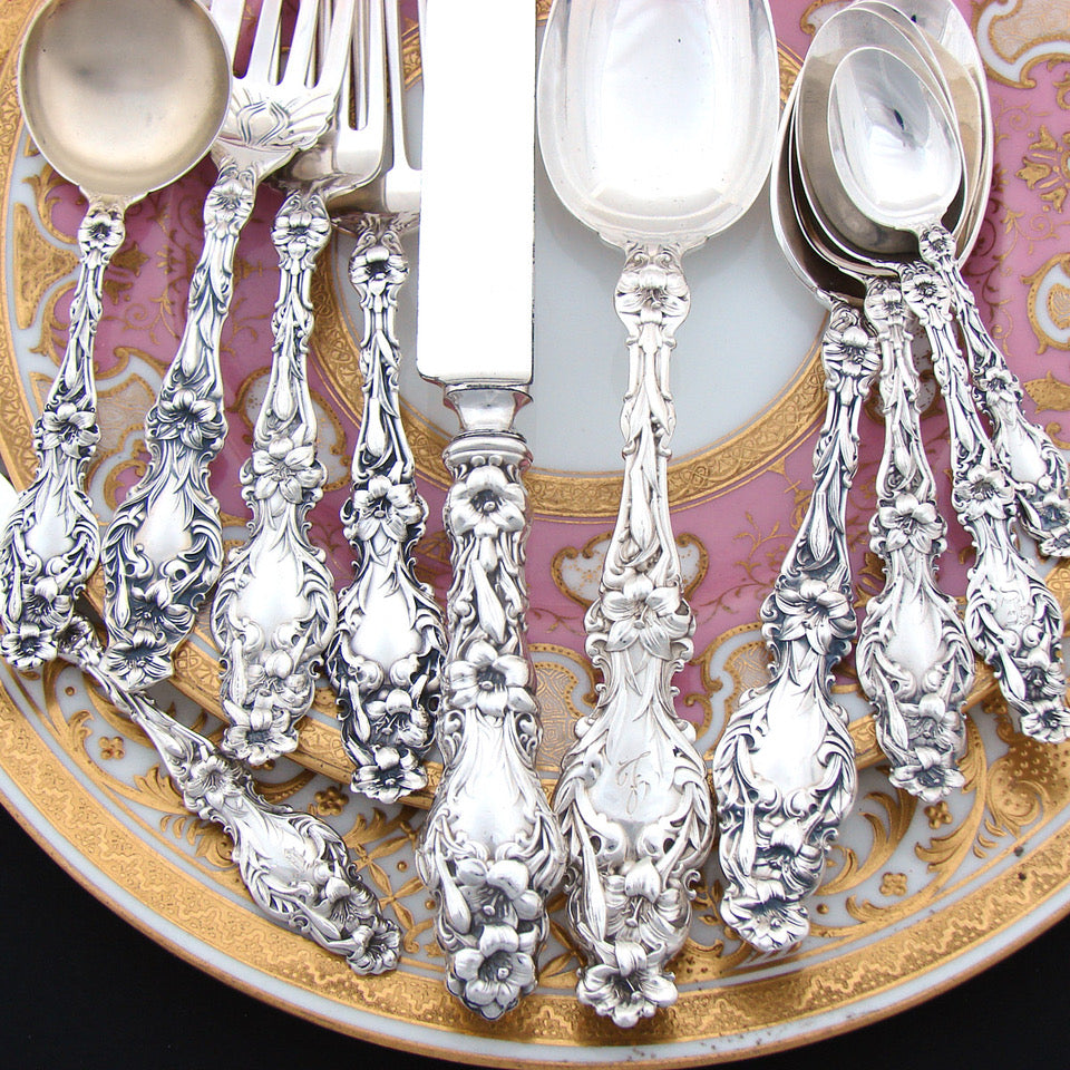 Antique "Lily" by Whiting Sterling Silver Service, 177 Pieces, Service for 12, Art Nouveau, Charles Osborne