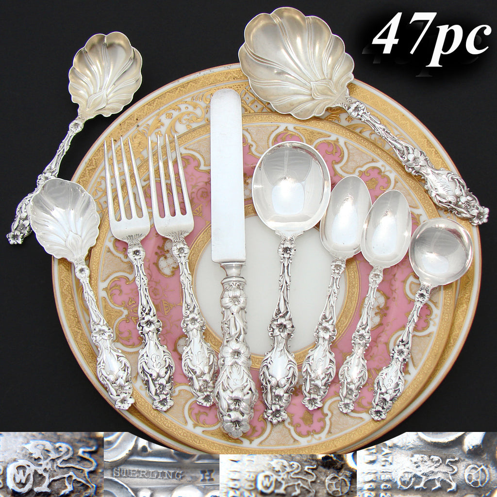 Antique Whiting "Lily" American Sterling Silver 47 pc Service for 6, 5 Serving Pieces, Art Nouveau