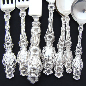 Antique Whiting "Lily" American Sterling Silver 47 pc Service for 6, 5 Serving Pieces, Art Nouveau