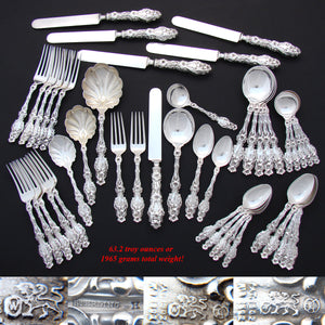 Antique Whiting "Lily" American Sterling Silver 47 pc Service for 6, 5 Serving Pieces, Art Nouveau