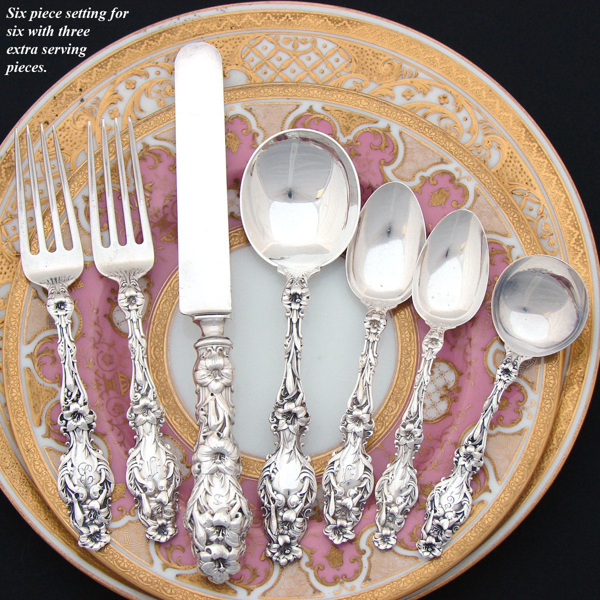 Antique Whiting "Lily" American Sterling Silver 47 pc Service for 6, 5 Serving Pieces, Art Nouveau