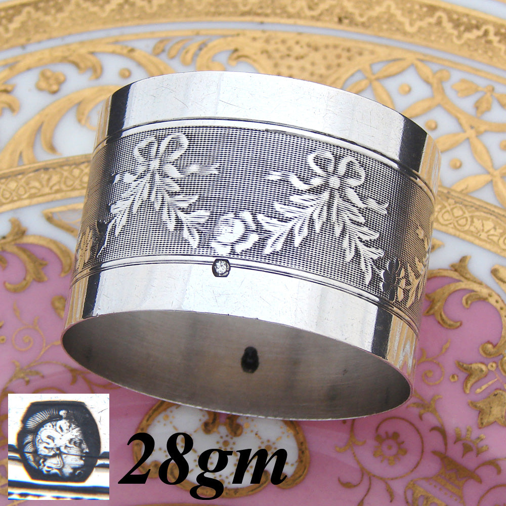 Antique French 800 (nearly sterling) Silver Napkin Ring: Bow, Ribbon & Floral Garland