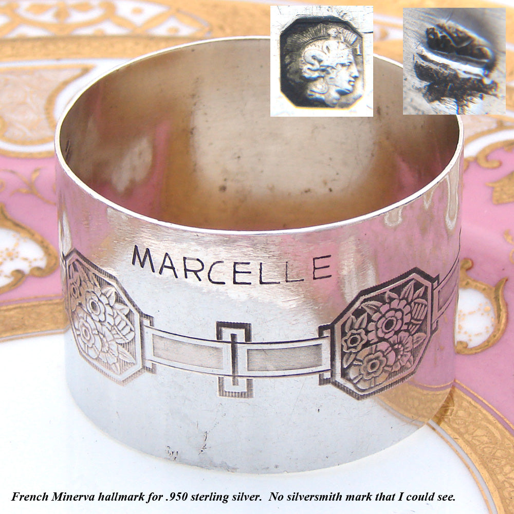 Fine Antique French Sterling Silver Napkin Ring, Floral, "Marcelle" Inscription