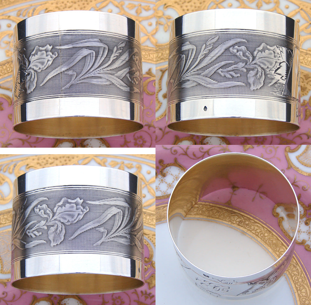 Antique French Sterling Silver Napkin Ring, Floral Decoration, Interlaced Monogram