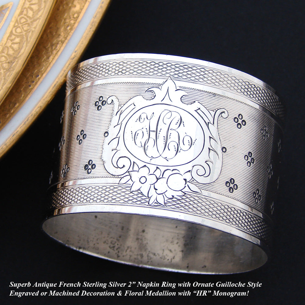 Antique French Sterling Silver Napkin Ring, Guilloche Style, Medallion with "HR" Monogram
