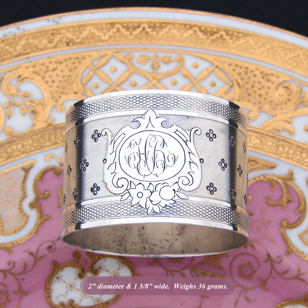 Antique French Sterling Silver Napkin Ring, Guilloche Style, Medallion with "HR" Monogram