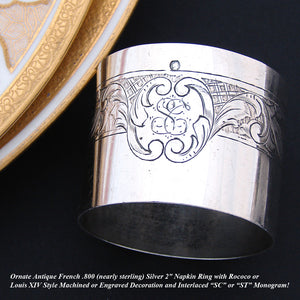 Antique French Sterling Silver Napkin Ring, Scrolled Foliage & Rose or Floral Accent