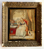Early Victorian Era English Needlepoint, Petitpoint, Girl with Parrot and Lute, Interior in Full, Signed in Frame