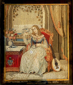 Early Victorian Era English Needlepoint, Petitpoint, Girl with Parrot and Lute, Interior in Full, Signed in Frame