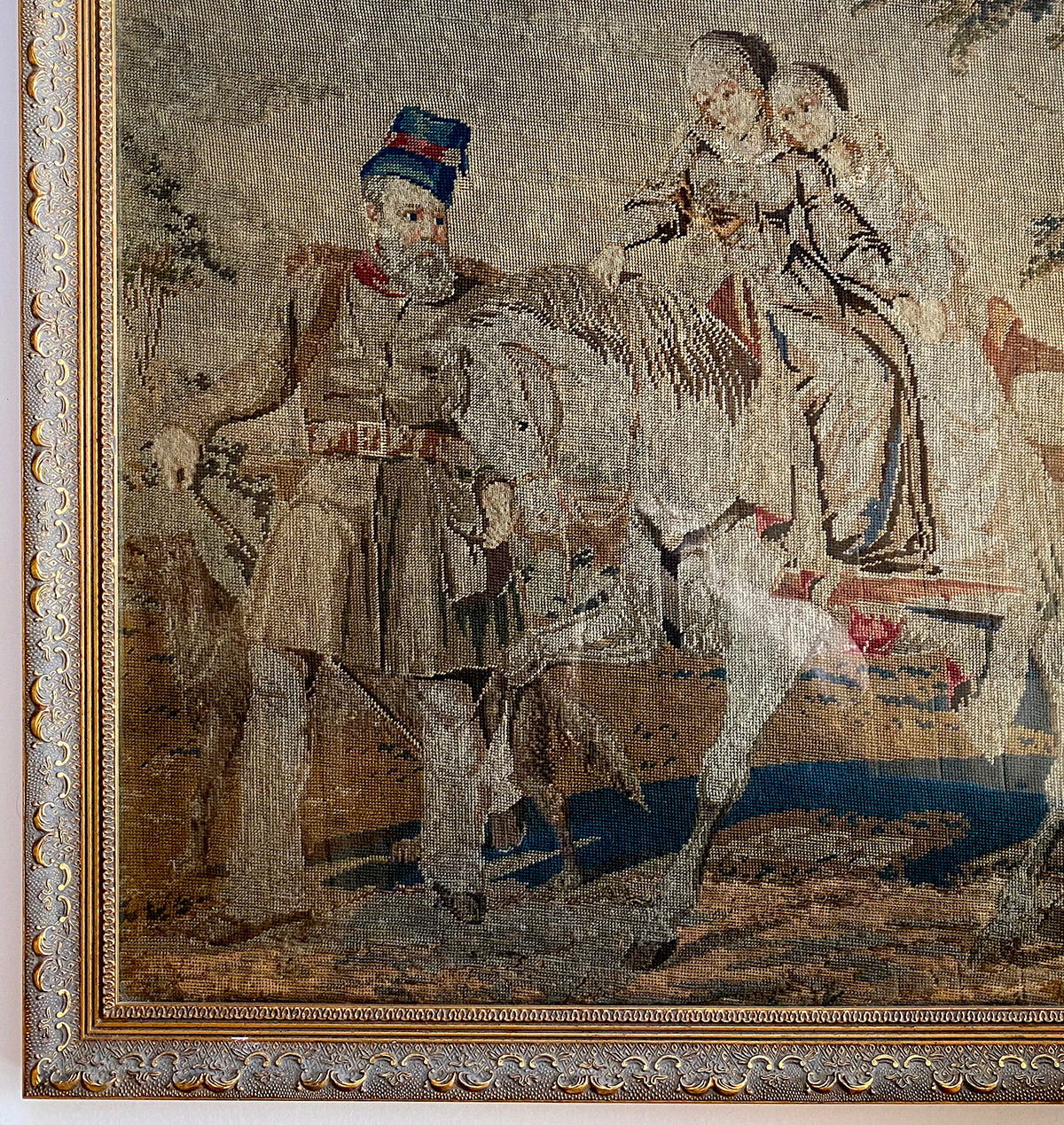 Antique Victorian Needlepoint of Queen Victoria's Children and John Brown, Horse