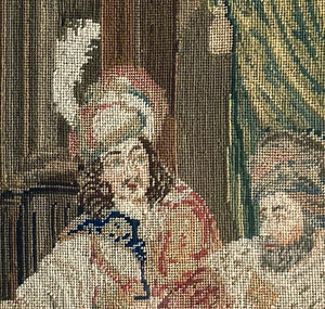 Antique Victorian Needlepoint Tapestry In Frame, c.1850s, King Pardons Gallileo, Figural