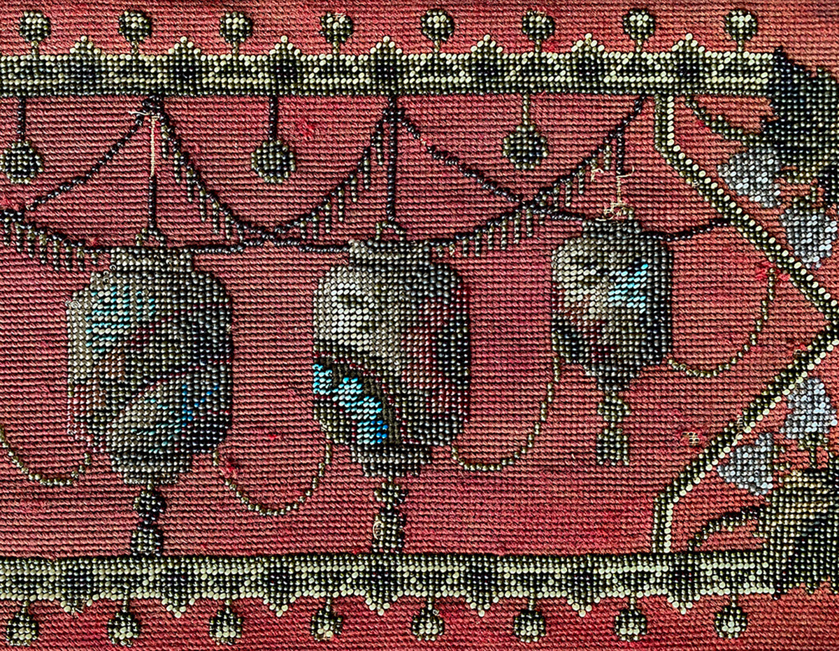 Antique Victorian Beadwork Needlepoint Tea Tray, Glass Bead, 20.25" x 10.5"