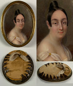 Antique French Portrait Miniature, Superb Empire Era Lady's Painting in Original Frame, Tiny!