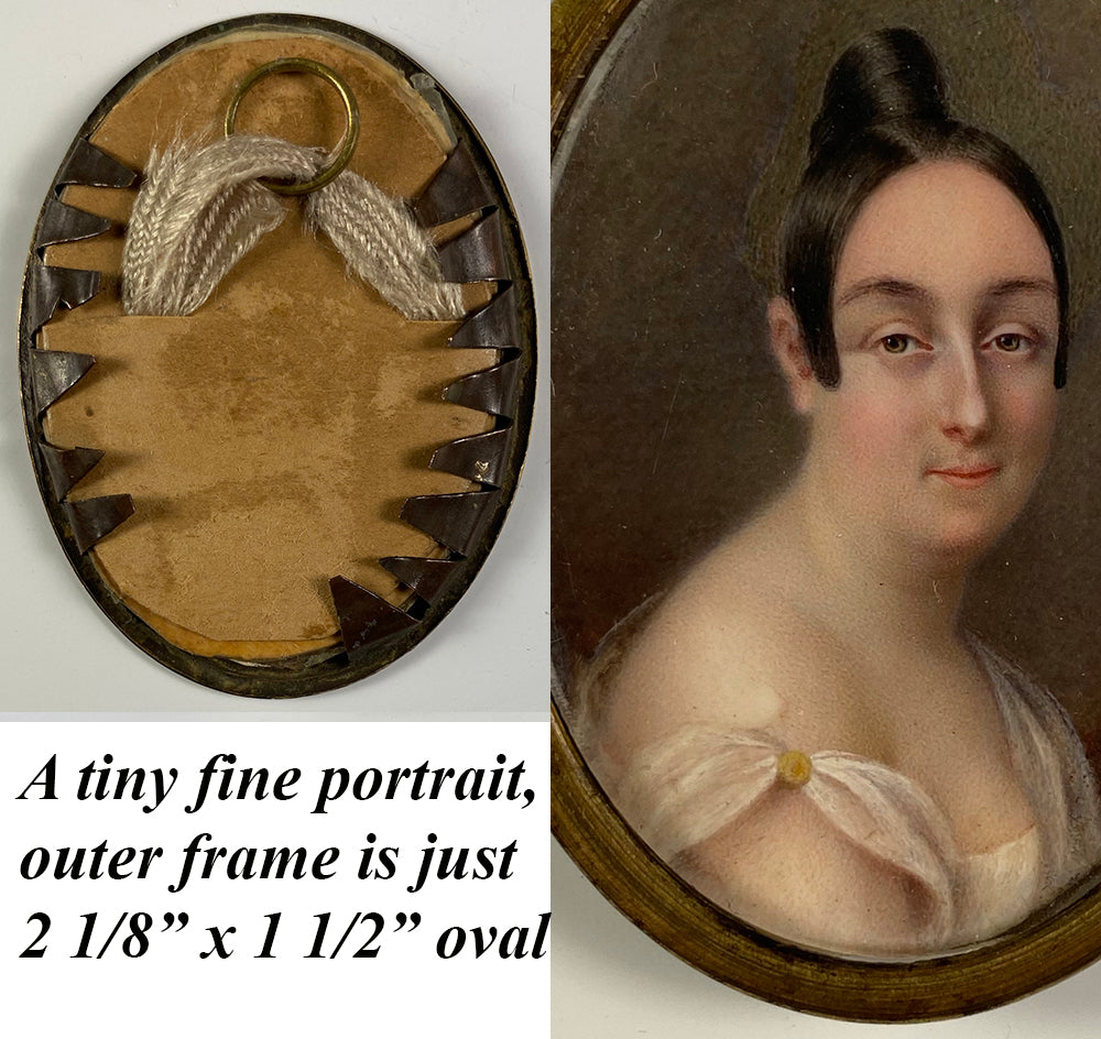 Antique French Portrait Miniature, Superb Empire Era Lady's Painting in Original Frame, Tiny!