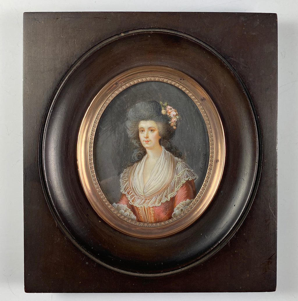 Antique French Portrait Miniature, Louis XVI Courtier, Lady in Wig and Wood Frame