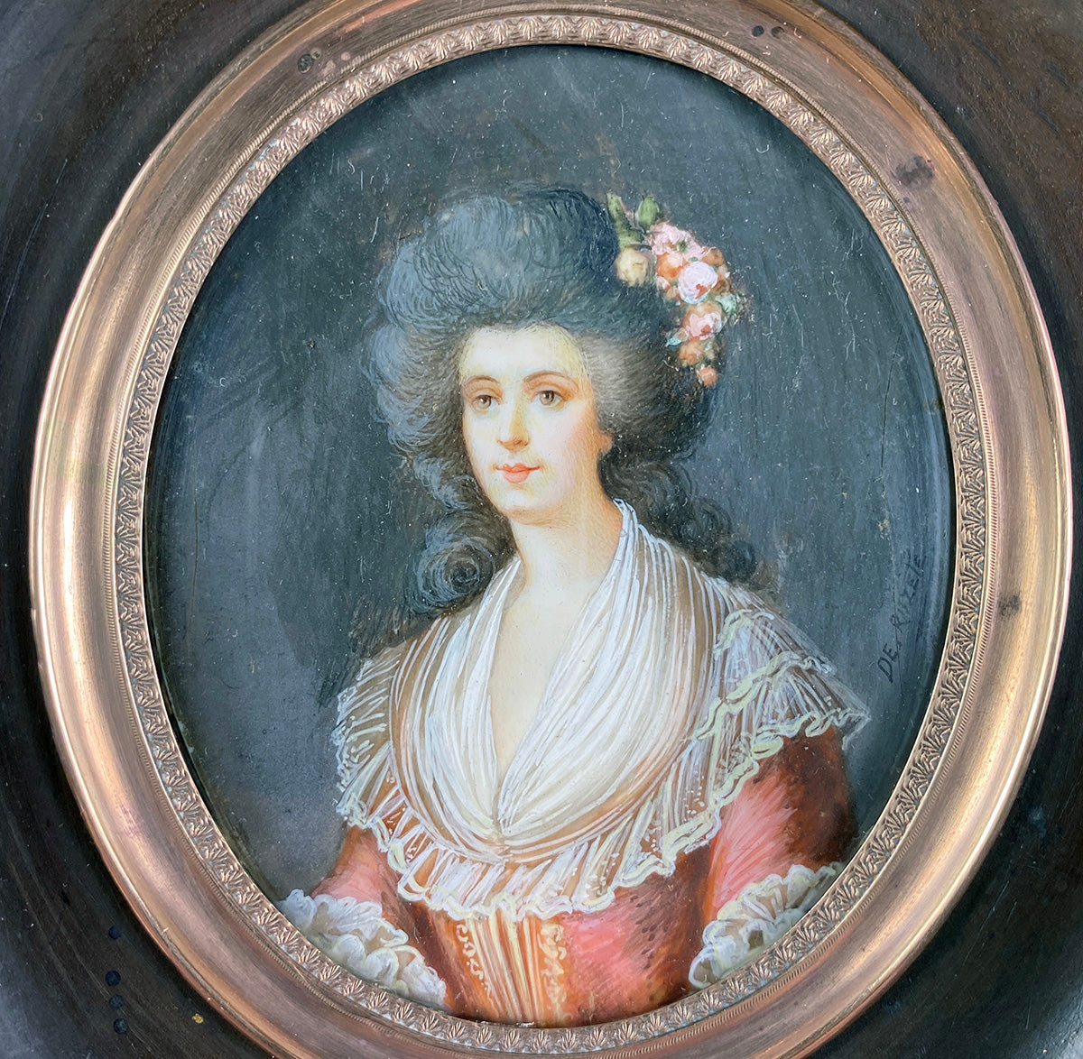 Antique French Portrait Miniature, Louis XVI Courtier, Lady in Wig and Wood Frame