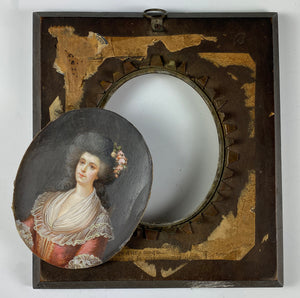 Antique French Portrait Miniature, Louis XVI Courtier, Lady in Wig and Wood Frame