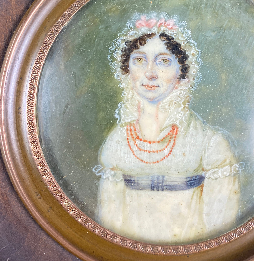 Antique French Empire Portrait Miniature, Lady in Bonnet, Empire Gown and Red Coral Jewelry