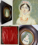 Antique French Empire Portrait Miniature, Lady in Bonnet, Empire Gown and Red Coral Jewelry