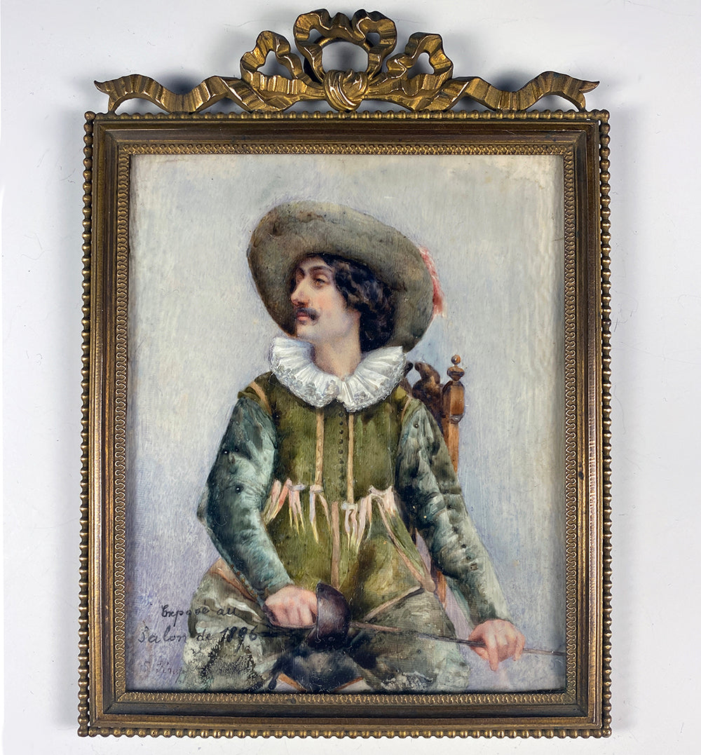 Antique c.1910 English Portrait Miniature, Woman with Guitar, 3/4