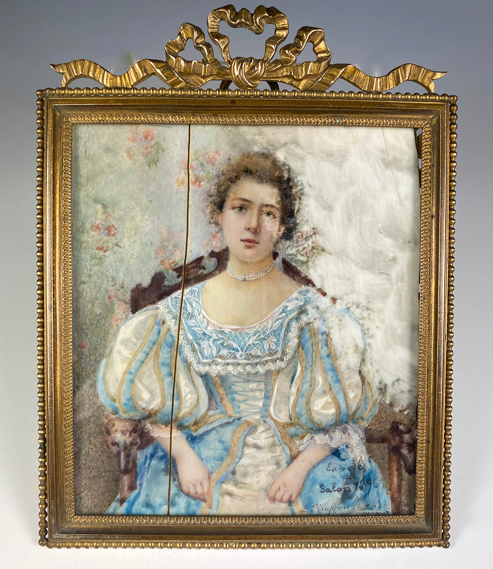 Antique Large Portrait Miniature in French Bow Top Frame, L.Kruppenbachen signed, Paris Salon 1896