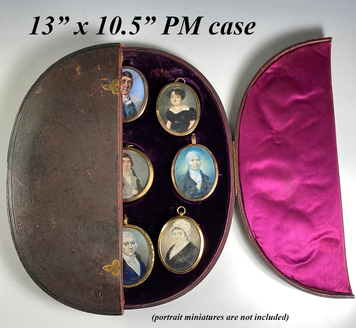 Antique c.1840 Portrait Miniature Display Case, Silk, Leather over Wood, 13" x 10.5", holds 9