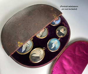 Antique c.1840 Portrait Miniature Display Case, Silk, Leather over Wood, 13" x 10.5", holds 9