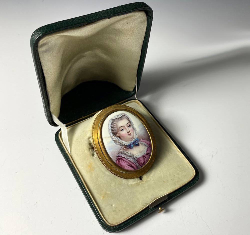 Antique 10k Gold Brooch, Portrait Miniature in French Kiln-fired Enamel, MOP Back, in Box