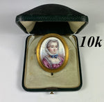 Antique 10k Gold Brooch, Portrait Miniature in French Kiln-fired Enamel, MOP Back, in Box