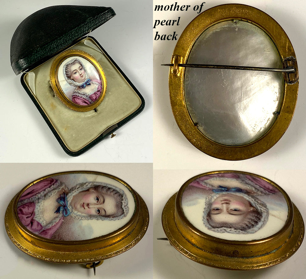 Antique 10k Gold Brooch, Portrait Miniature in French Kiln-fired Enamel, MOP Back, in Box