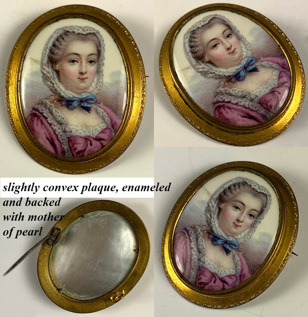 Antique 10k Gold Brooch, Portrait Miniature in French Kiln-fired Enamel, MOP Back, in Box