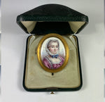 Antique 10k Gold Brooch, Portrait Miniature in French Kiln-fired Enamel, MOP Back, in Box