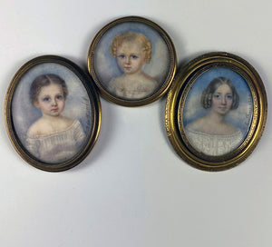 Antique Signed by Artist, c.1849 French Portrait Miniature Family of 3, Mother in 18k Gold, 2 Children