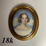 Antique Signed by Artist, c.1849 French Portrait Miniature Family of 3, Mother in 18k Gold, 2 Children