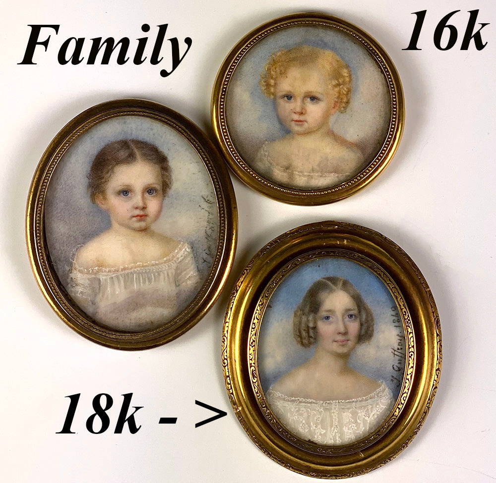 Antique Signed by Artist, c.1849 French Portrait Miniature Family of 3, Mother in 18k Gold, 2 Children
