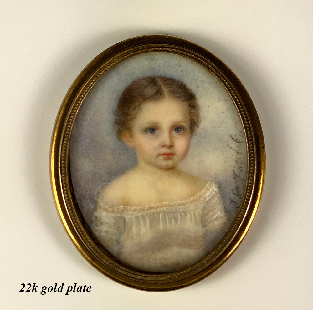 Antique Signed by Artist, c.1849 French Portrait Miniature Family of 3, Mother in 18k Gold, 2 Children