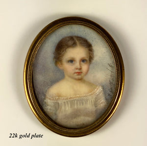 Antique Signed by Artist, c.1849 French Portrait Miniature Family of 3, Mother in 18k Gold, 2 Children