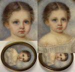 Antique Signed by Artist, c.1849 French Portrait Miniature Family of 3, Mother in 18k Gold, 2 Children