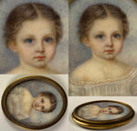 Antique Signed by Artist, c.1849 French Portrait Miniature Family of 3, Mother in 18k Gold, 2 Children