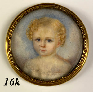 Antique Signed by Artist, c.1849 French Portrait Miniature Family of 3, Mother in 18k Gold, 2 Children